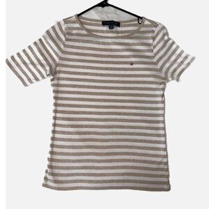 EUC-Tommy Hilfiger Womens SMALL Casual Boat Neck Short Sleeve beige and white